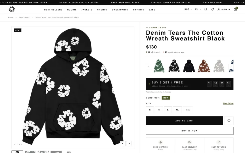 Картка товару в магазині Denim Tears: кольори, розміри, кнопки купівлі